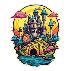 Psychedelic t-shirt design sticker, Medievil Castle, detailed illustration