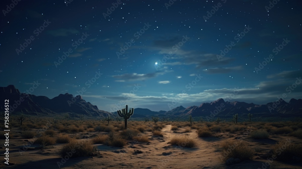Poster a desert area with a cactus plant and mountains in the background. suitable for travel and nature co