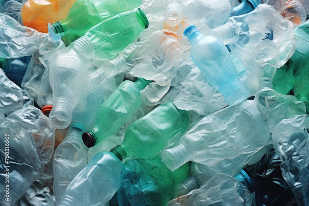 Poster plastic bottles stacked in a row, suitable for environmental concepts