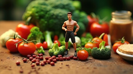 A figurine of a man surrounded by various fresh vegetables, ideal for food and nutrition concepts - obrazy, fototapety, plakaty