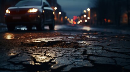 Old damaged asphalt pavement road with pothole.

 - obrazy, fototapety, plakaty