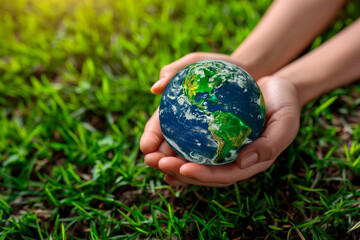 Earth globe in hands close-up on a background of green grass