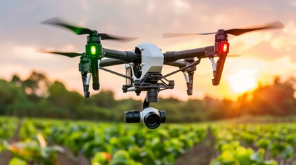 Small Quadcopter Flying Over Field of Crops - obrazy, fototapety, plakaty