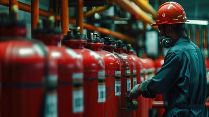 A man in a hard hat and overalls standing in front of a row of fire extinguishers. Ideal for safety and construction concepts