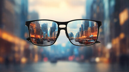 Modern bright city view through eyeglasses Blurry back  .Generative ai - obrazy, fototapety, plakaty