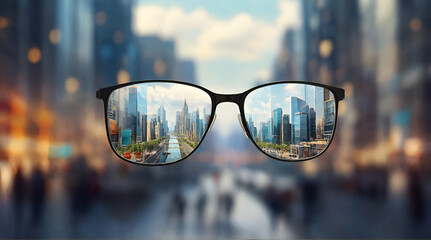 Modern bright city view through eyeglasses Blurry back  .Generative ai