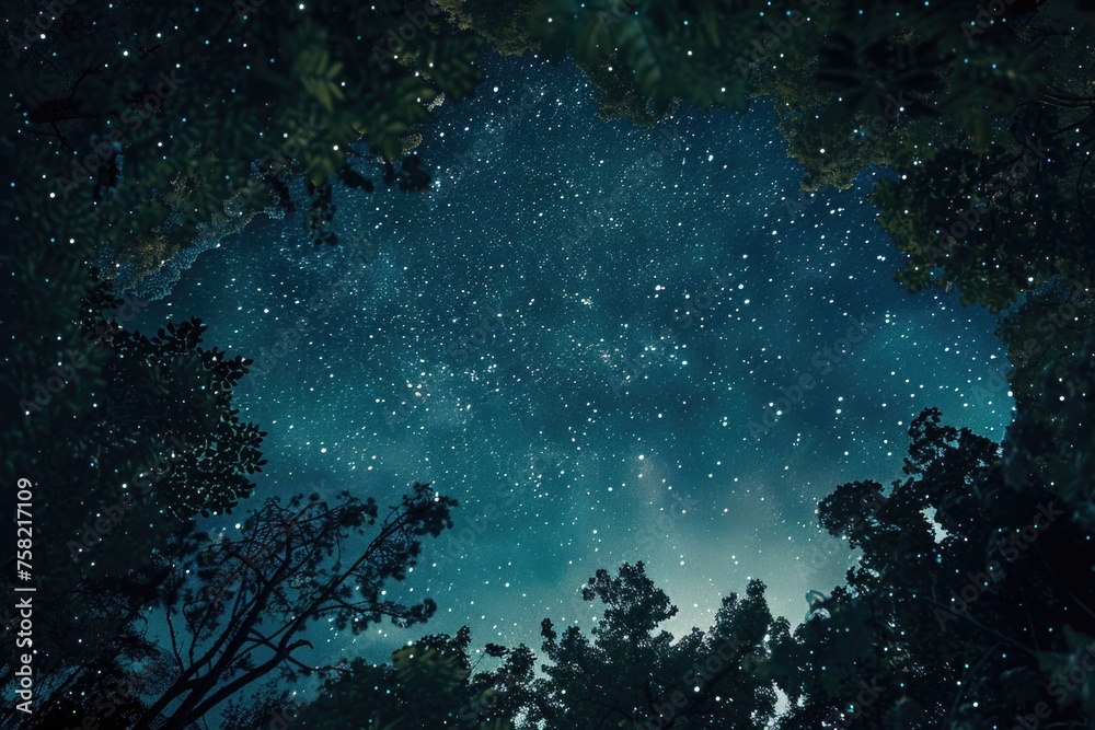 Poster a view of the night sky through the trees. suitable for nature and astronomy concepts