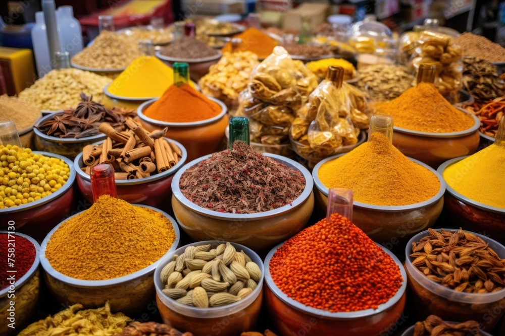Poster A collection of different spices and nuts in various bowls, perfect for food and cooking concepts