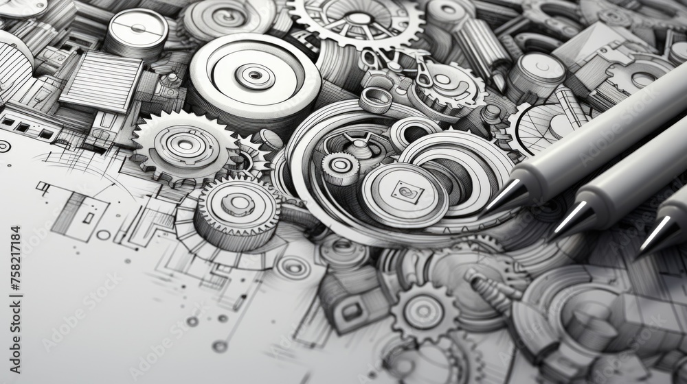 Poster detailed drawing of gears with a pen, ideal for technical concepts