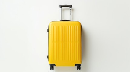 Yellow suitcase leaning on white wall, suitable for travel themes