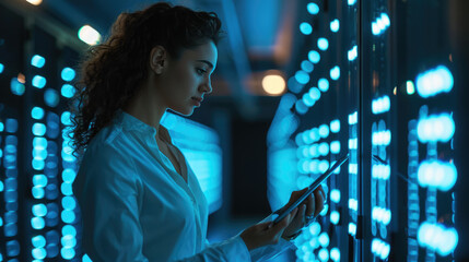 Focused IT professional using a laptop while standing in a server room with racks of network equipment illuminated by blue lights