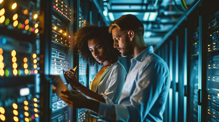 Male and a female IT professional in a data center, with the woman holding a tablet and the man observing, likely collaborating on a task.