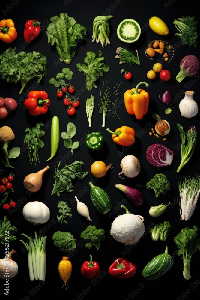 Poster various types of vegetables arranged on a dark background. ideal for healthy eating concepts
