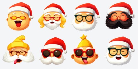 Group of cartoon Santa faces with various expressions. Ideal for holiday designs