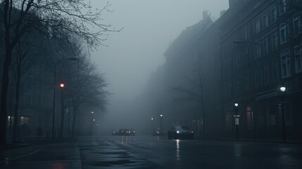 A city street at night covered in fog, suitable for urban and atmospheric themes