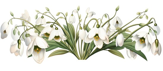 Hand-painted snowdrop flower with natural elements on a white background. Artistic floral for special occasions.