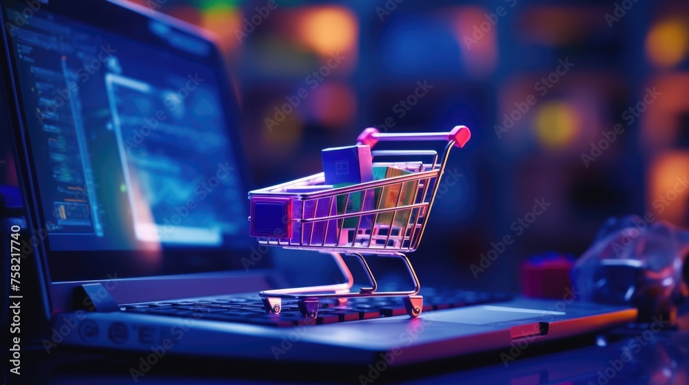 Poster a shopping cart placed on top of a laptop. suitable for e-commerce concepts