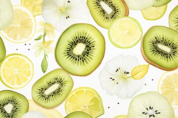Fototapeta premium Fresh sliced kiwis and lemon slices on a white surface. Suitable for food and beverage concepts