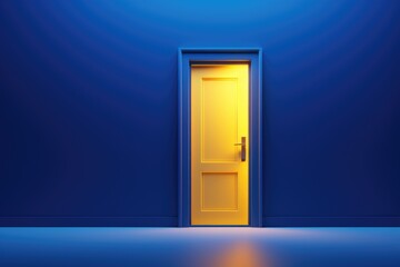 A bright yellow door in a calm blue room. Suitable for interior design concepts