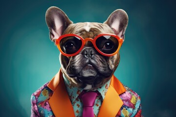A stylish dog wearing sunglasses and a tie. Perfect for pet fashion or business concepts
