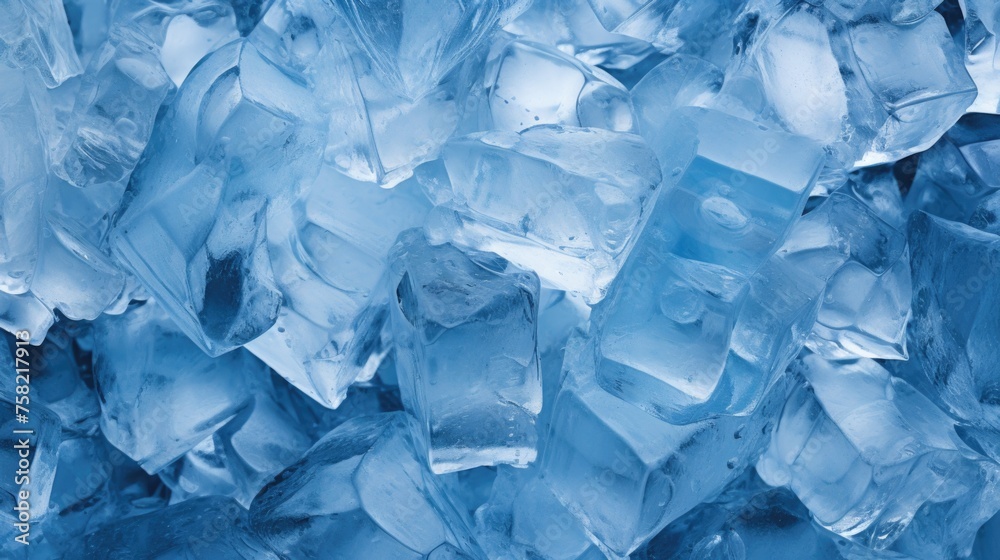 Poster A pile of ice cubes stacked on top of each other. Suitable for beverage and cooling concepts
