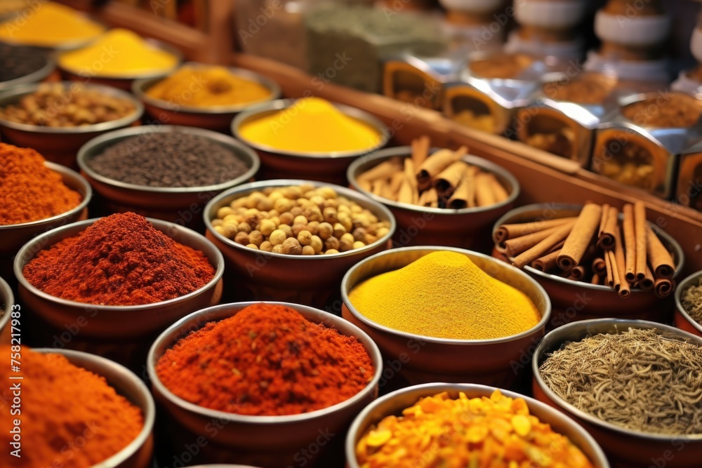 Aufkleber Assorted spices in bowls on a table. Great for food blogs or recipe websites