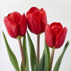 Three Red Tulips With Green Leaves in a Vase