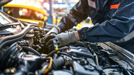 A focused mechanic is seen servicing a modern car engine, showcasing technical skills and automotive knowledge