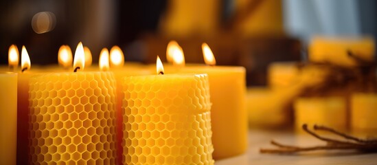 Selective focus on beeswax candles as home decor. - obrazy, fototapety, plakaty