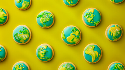 Cookies with a globe pattern on a yellow background. Earth Day.