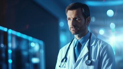 Fototapeta premium Portrait of serious doctor with stethoscope in corridor