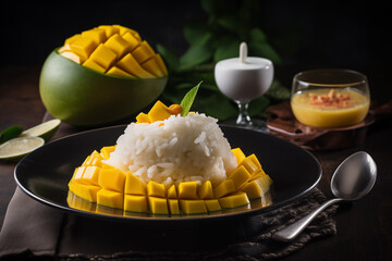 Desserts: A delicious fresh mango dessert paired with sticky rice cooked with coconut milk. Served with whipped cream