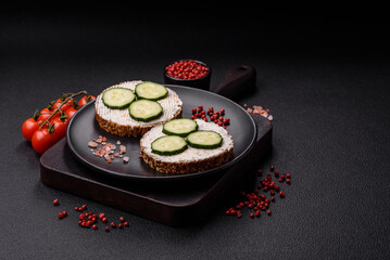 Delicious vegetarian sandwich with grilled toast, cream cheese, cucumbers and seeds