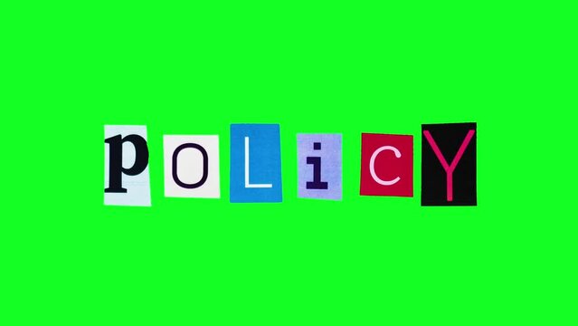 Policy word made of single letters on colorful pieces of paper moving in stop motion animation on green screen. Template banner for making logotype of headline revealing theme of legal protection