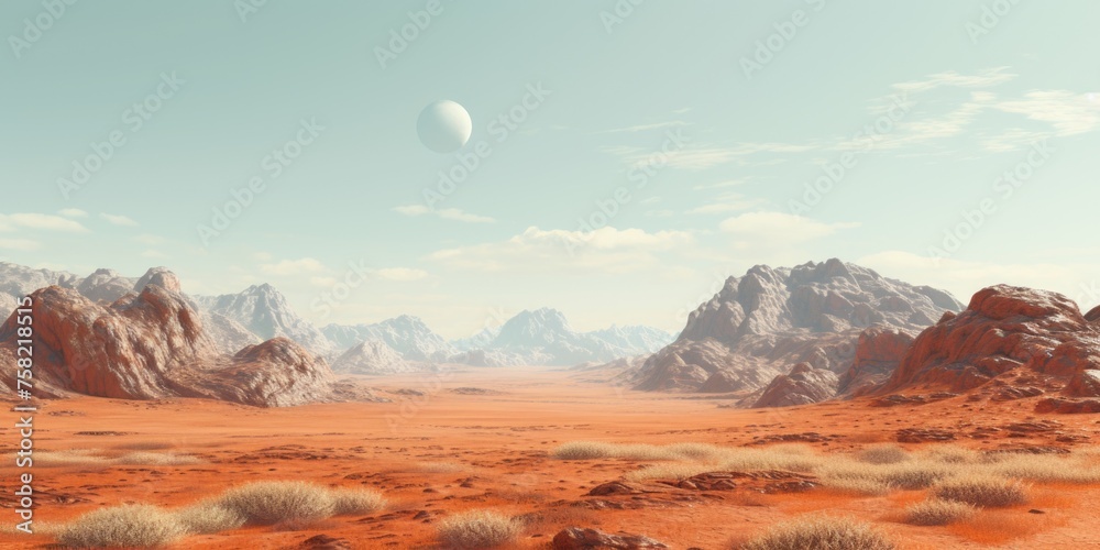 Poster a scenic view of a desert area with majestic mountains in the background. perfect for travel and nat
