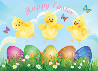 Happy Easter postcard. Yellow Easter chicken and basket with eggs