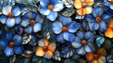  a close up of a bunch of flowers with blue and orange flowers in the middle of the picture and a yellow flower in the middle of the picture.