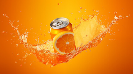 Morceaux d'oranges coupés et une canette avec mouvement d'éclaboussure d'eau. Jus d'orange, boisson, nourriture, vitamine. Orange, fruit. Pour conception et création graphique. - obrazy, fototapety, plakaty