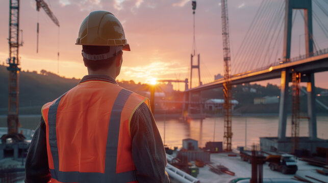 Silhouette of a construction worker in reflective gear standing with a backdrop of a bridge and sunset