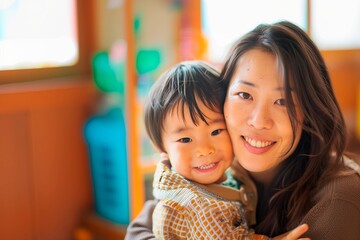 Fototapeta premium A mother is affectionately embracing her young child, both smiling warmly