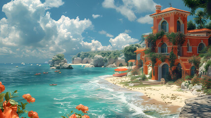 A picturesque coastal scene featuring a luxurious villa with bright orange walls, surrounded by vibrant flowers and overlooking bustling beaches - obrazy, fototapety, plakaty