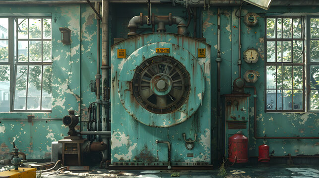 Intriguing industrial room with aged teal machinery, rusty pipes, and vintage dials, showcasing a fusion of technology and decrepitude