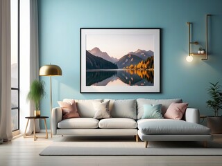 Frame mockup, ISO A paper size, reflective glass, mockup poster on the wall of the living room. Interior mockup. Apartment background. Modern interior design. 3D render