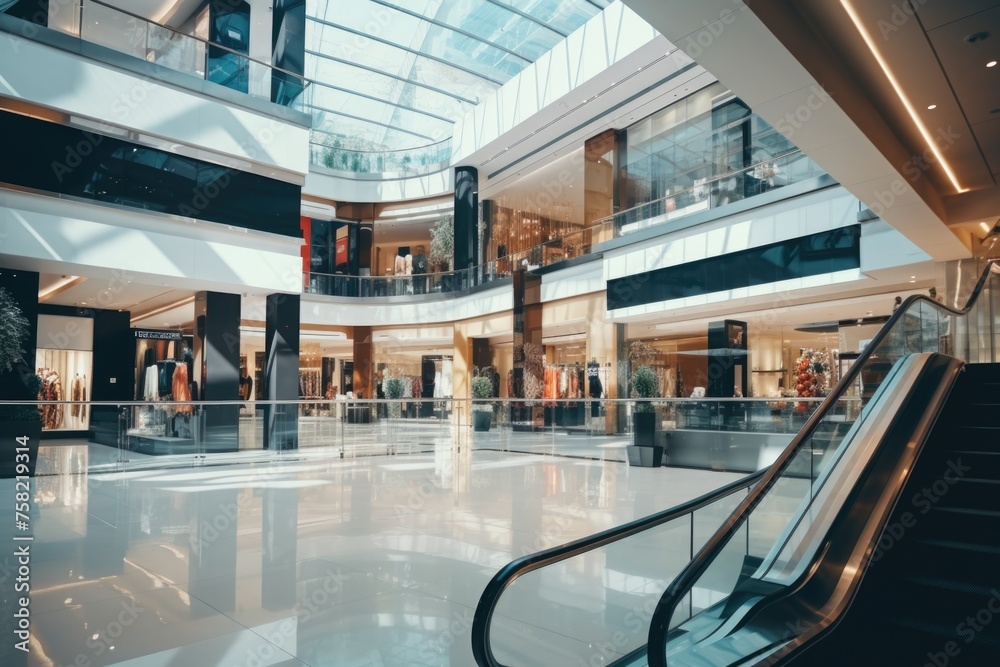 Poster An escalator in a large building with a glass ceiling. Ideal for illustrating modern architecture