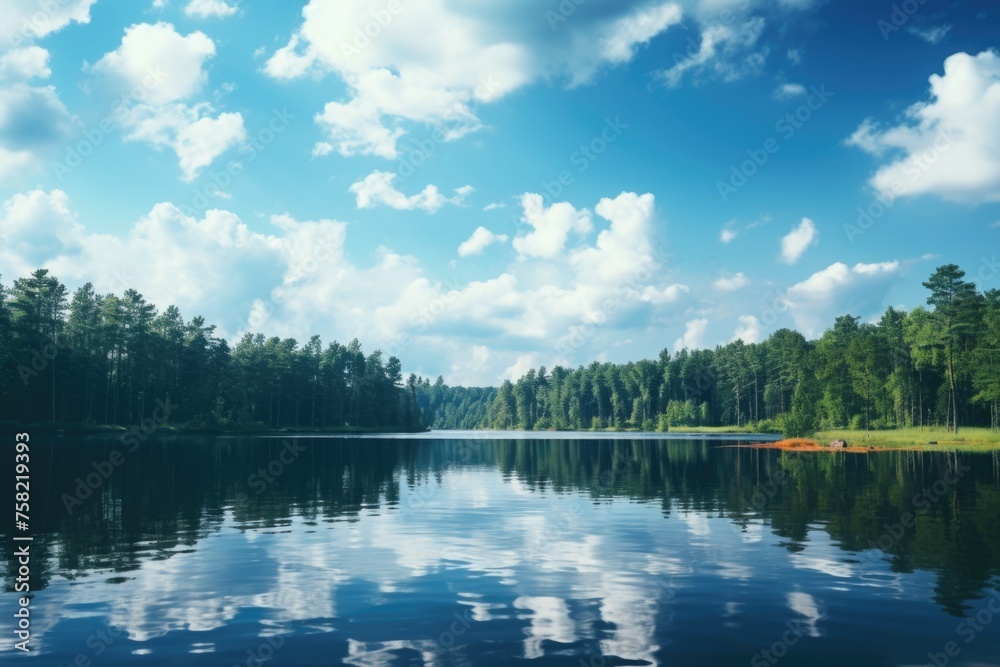 Aufkleber tranquil scene of a lake surrounded by trees and clouds. ideal for nature and landscape concepts