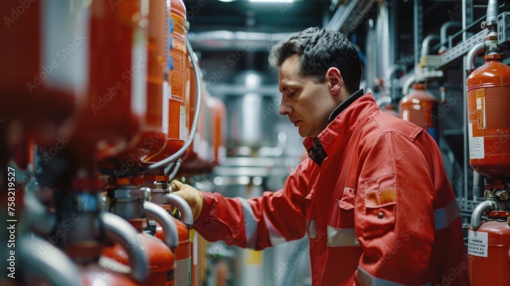 Poster a man in a red jacket fixing a fire extinguisher. suitable for safety and maintenance concepts