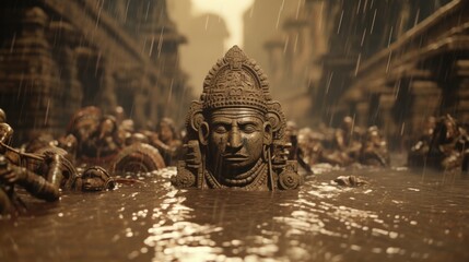 A statue standing in the middle of a flooded street. Suitable for environmental or weather-related concepts - obrazy, fototapety, plakaty