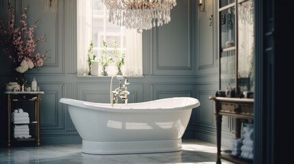 A luxurious bathroom with a tub and chandelier, perfect for interior design concepts