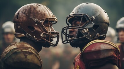Two football players wearing helmets in a face-off position. Suitable for sports-themed designs - obrazy, fototapety, plakaty