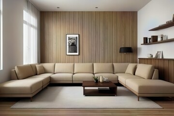 corner sofa against of wooden paneling wall